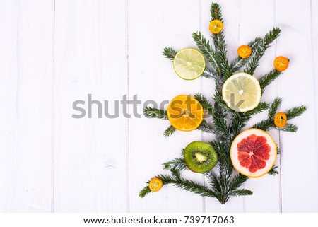 Abstract Christmas tree food background with grapefruit, mandarin, lemon, lime, kumquat. Studio Photo