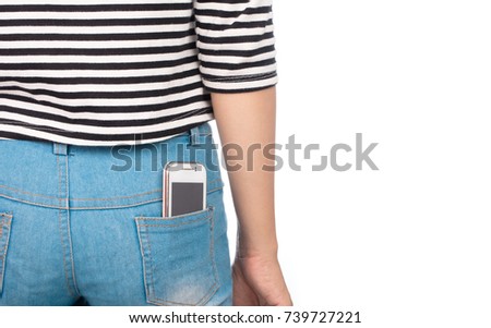 a mobile smartphone in back jeans pocket isolated on white background