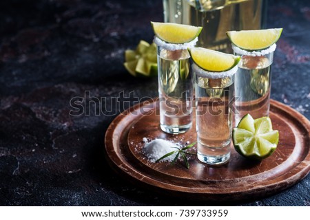 Mexican Gold Tequila with lime and salt on black background with copyspace. Royalty-Free Stock Photo #739733959