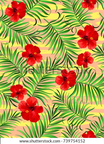 Exotic tropical  background with hawaiian plants and flowers. Seamless vector pattern.