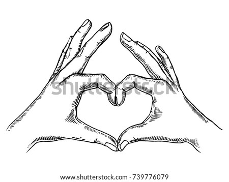 Hands making heart sign engraving vector illustration. Scratch board style imitation. Hand drawn image.