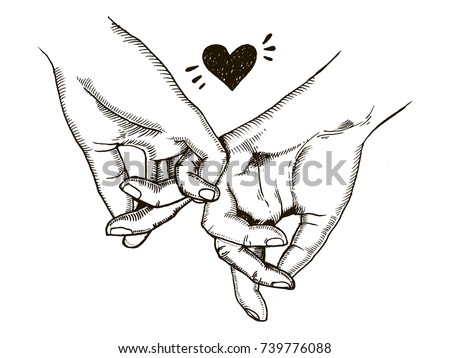 Couple in love hold hands engraving vector illustration. Scratch board style imitation. Hand drawn image.