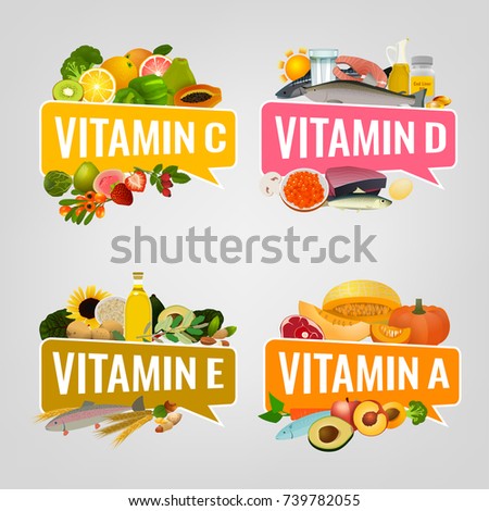 Vitamin banner. Vector illustrations with caption lettering and top foods highest in different vitamins. Useful for leaflet, brochure or poster design as a header or other graphic element.