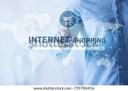 Man pushing shopping cart button of internet store on virtual screen