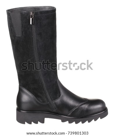 Side view of black suede and leather female (girl) insulated demi season high boot with metal zipper, isolated on white