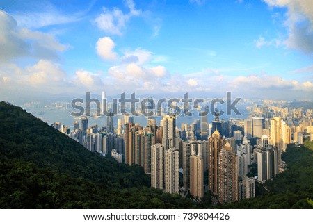Hong Kong city skyline, Victoria Harbor, View from the Peak at day time in evening