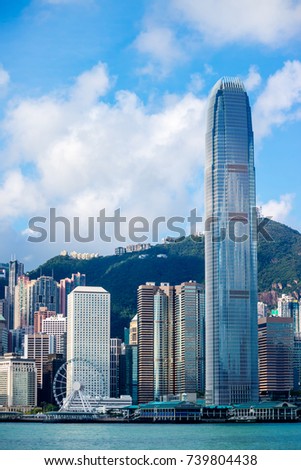 Hong Kong skyline, skyscraper building cityscape at Victoria Harbor in sunrise morning