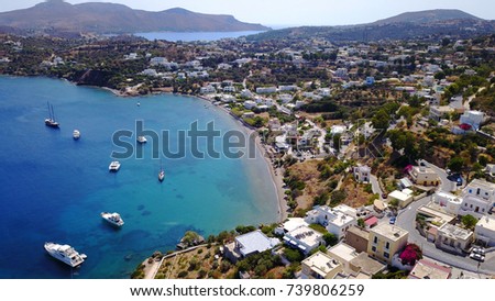 Aerial bird's eye view photo taken by drone of beautiful village of Panteli with view to the castle uphill, Leros island, Dodecanese, Greece