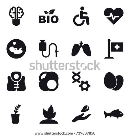 16 vector icon set : bulb brain, bio, life vest, seedling, sprouting, hand leaf, fish