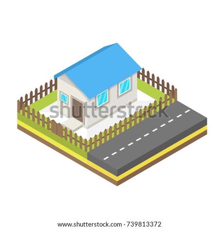 Isometric house and road. Isometric elements representing suburban house. Vector illustration.
