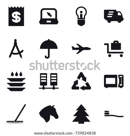 16 vector icon set : receipt, notebook, bulb, delivery, draw compass, plane, baggage trolley, plate washing, rake, horse, spruce, tooth brush