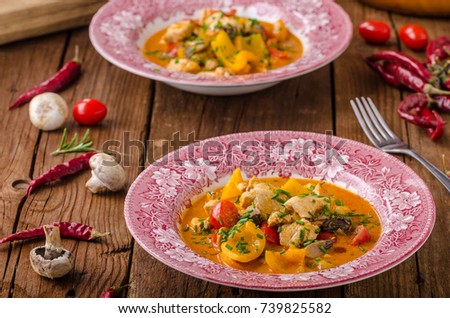 Chicken curry vegetable delish food, hot and spicy food