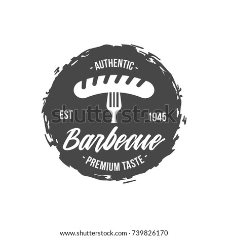 Sausage with Fork Steak Barbecue Restaurant Logo with Retro, Hipster, Vintage Style, Vector Logo Design with Round Grunge Background