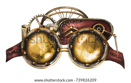 steam punk watercolor Illustration - glasses, clockwork, belts, jewelry, clock. tattoo style. retro fantasy print. antique