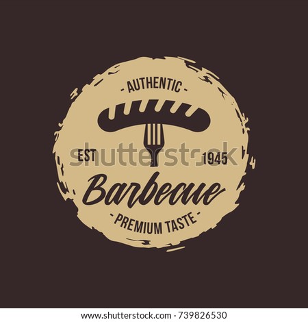 Exclusive Sausage with Fork Steak Barbecue Restaurant Logo with Retro, Elegant, Hipster, Vintage Style, Vector Logo Design with Oval Grunge Background