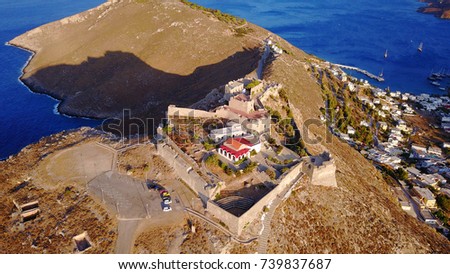 Aerial bird's eye view photo taken by drone of fortified castle of Panteli, Dodecanese, Greece