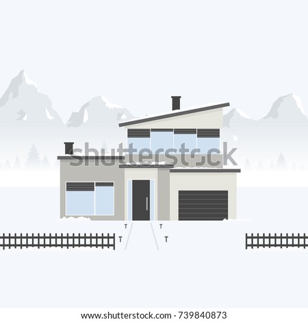 Modern House in Mountains. Vector illustration