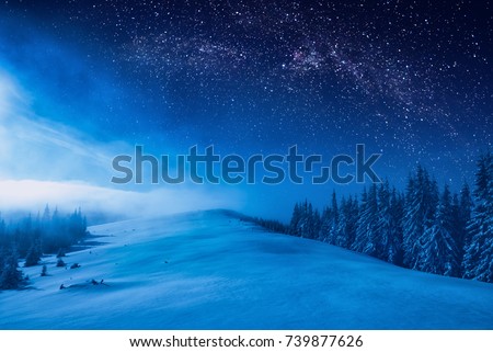 Forest on a mountain ridge covered with snow. Milky way in a starry sky. Christmas winter night. Royalty-Free Stock Photo #739877626