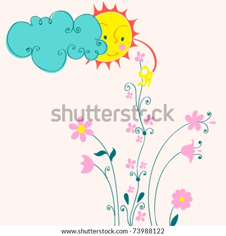 Vector illustration of cute Sun picking flowers