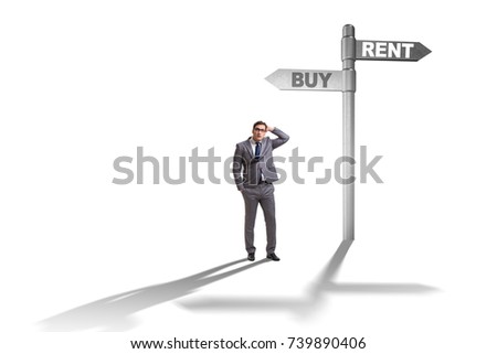 Businessman at crossroads betweem buying and renting on white