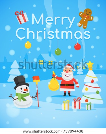 Illustration Snowman Santa Claus Christmas Tree Text Happy Merry Christmas. Vector illustration