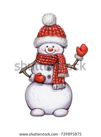 watercolor snowman illustration, childish Christmas character, New Year toy, clip art isolated on white background