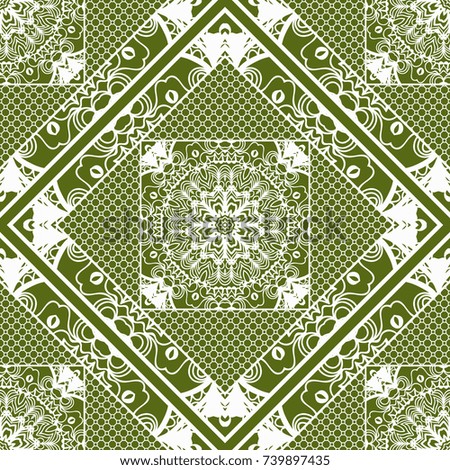 Decorative Square Background, Geometric Floral Seamless Pattern with Lace frame. For Fashion Fabric Print, Bandanna Shawl, Tablecloth, Home DÃ©cor. Vector Illustration
