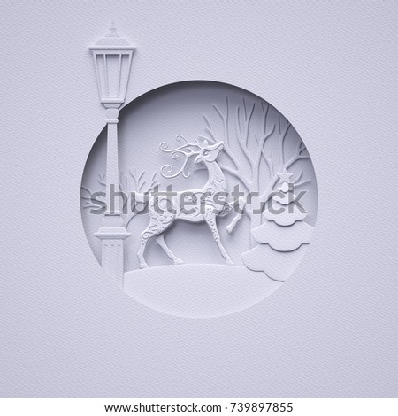 3d render, digital illustration, Christmas greeting card, flat paper craft winter landscape, reindeer, fir tree, layers, stag, trees, round frame, white background