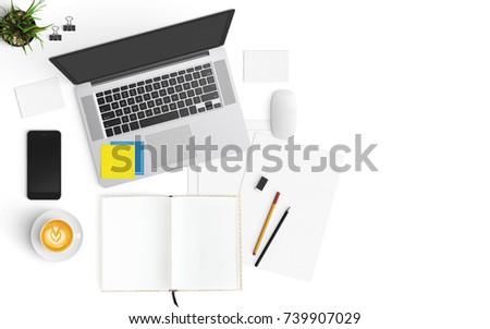Modern workspace with coffee cup, smartphone, paper, notebook, tablet and laptop copy space on white color background. Top view. Flat lay style.