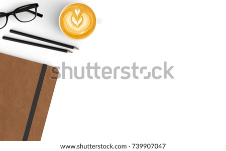 Modern workspace with coffee cup and notebook copy space on white color background. Top view. Flat lay style.