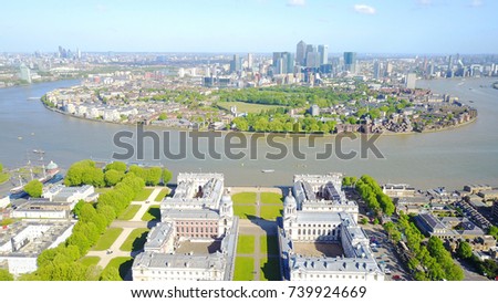 Aerial bird's eye view photo taken by drone of Greenwich park with views to Canary Wharf, Isle of Dogs, London, United Kingdom
