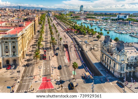 Scenic aerial view of Passeig de Colom from the top of Columbus Monument, Barcelona, Catalonia, Spain