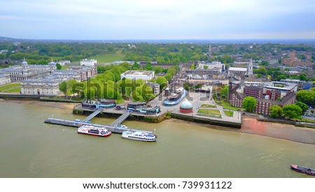May 2016: Aerial bird's eye view photo taken by drone of Greenwich village Cutty Sark historic clipper, London, United Kingdom