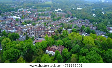 Aerial bird's eye view photo taken by drone of Rickmansworth village, London, United Kingdom