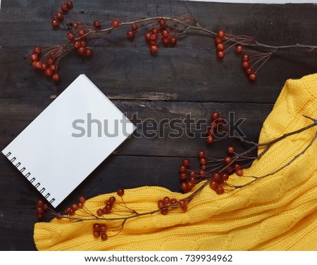 Autumn background boards with dark brown branches with small apples, a Notepad, and a yellow sweater 