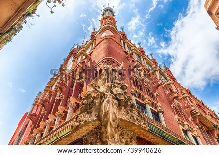 Sculptural group on the corner of the Palau de la Musica Catalana, modernist Concert Hall and UNESCO World Heritage Site in Barcelona, Catalonia, Spain Royalty-Free Stock Photo #739940626