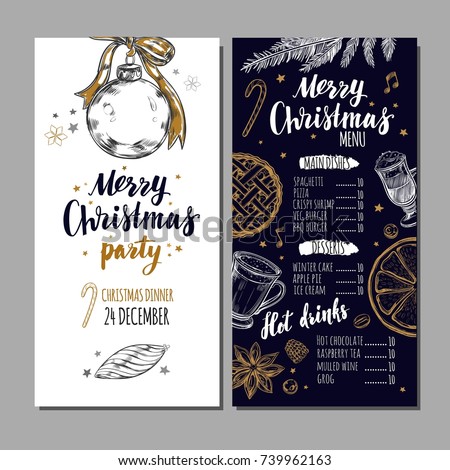 Merry Christmas festive Winter Menu on Chalkboard and Invitation card. Design template includes different Vector hand drawn illustrations and Brushpen Modern Calligraphy.  Royalty-Free Stock Photo #739962163