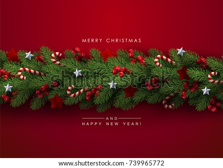 Holiday's Background with Season Wishes and Border of Realistic Looking Christmas Tree Branches Decorated with Berries, Stars and Candy Canes. Royalty-Free Stock Photo #739965772