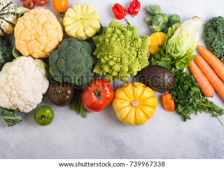 Healthy eating, colorful rainbow vegetables on the light grey background, copy space for text below, selective focus