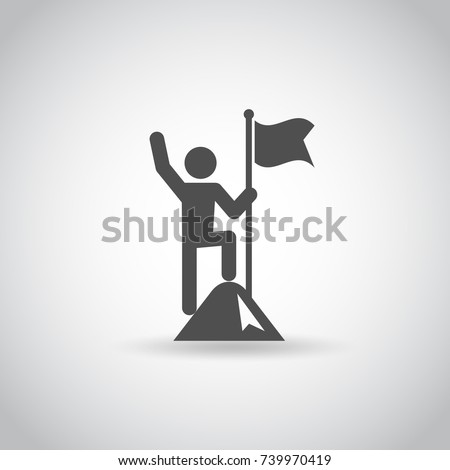 Man with Flag stendind on the top of Mountain. Icon. Success concept Royalty-Free Stock Photo #739970419