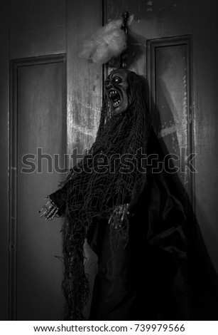 Halloween decoration of  skeleton hanging on the door in black and white, Halloween decoration background concept 