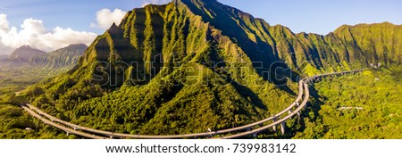 Panoramic aerial view of the Oahu island with the world famous Haiku stairs or the stairs to heaven. Ho'omaluhia Botanical Garden in Kaneohe