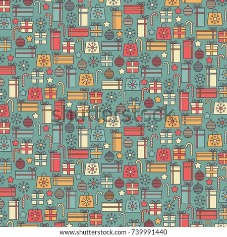 Retro Christmas / New Year seamless pattern with xmas icons. December holidays abstract festive background, wallpaper, backdrop.