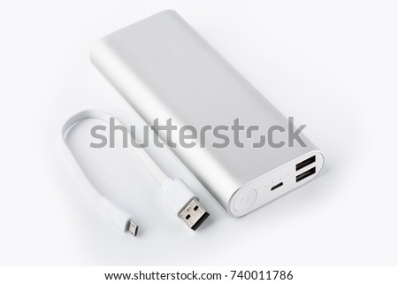 Power bank for charging mobile devices. White smart phone charger with power bank (battery bank). External battery for mobile devices.