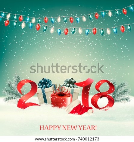 New Year background with gift boxes and colorful garland. Vector.
