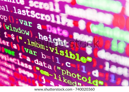 Abstract source code background. Modern tech. Programmer typing new lines of HTML code. Technology background. PC software creation business. Data network hardware Concept. 
