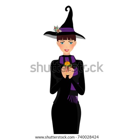 Halloween vector illustration of young witch with brown hair and blue eyes holding cupcake isolated on white background. Cartoon witch illustration, clip art.