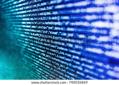 New technology revolution. Software abstract background. IT business.  Binary digits code editing. Mobile app developer. Displaying program code on computer. Project managers work new idea. 
