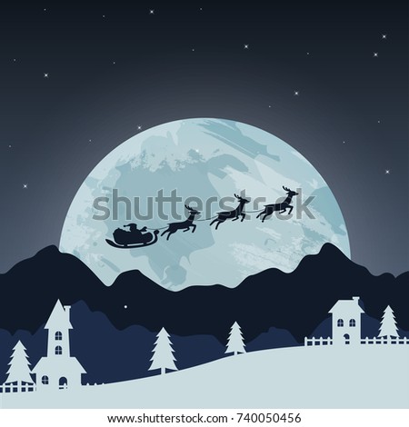 Merry Christmas and Happy New Year Paper Art . Illustration of Santa Claus and reindeer on the sky to give gifts , vector art concept , invitation card , copy space for text
