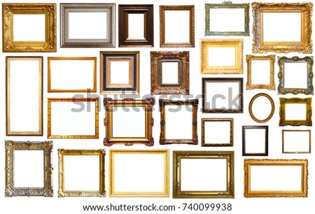 assortment of golden and silvery art and photo frames isolated on white background Royalty-Free Stock Photo #740099938